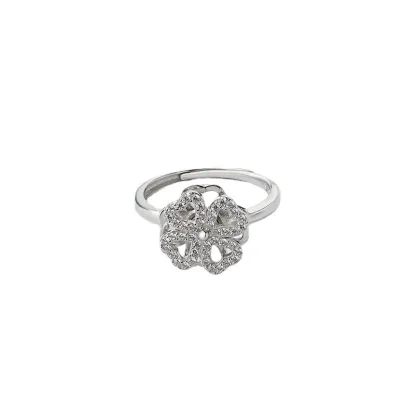 INS1155-Four-Leaf Clover Spinner Rings Anxiety Fidget Ring for Anxiety Sterling Silver Plated Cubic Zirconia Flower Ring Relieving Stress Open Stacking Finger Calming Gifts Birthday Daughter Fashion Promise Engagement Statement Jewelry St Patrick's Day