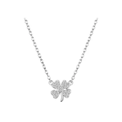 INS3208-Four-Leaf Clover Necklace with Sparkling Rhinestone Diamonds to Elevate Your Style - Silvery Four Leaf Clover Clavicle Pendant Necklace For Women