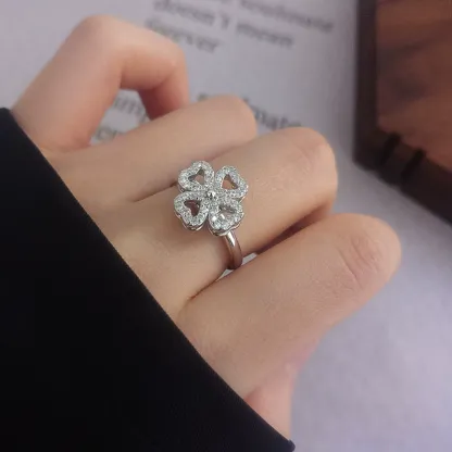 INS1155-Four-Leaf Clover Spinner Rings Anxiety Fidget Ring for Anxiety Sterling Silver Plated Cubic Zirconia Flower Ring Relieving Stress Open Stacking Finger Calming Gifts Birthday Daughter Fashion Promise Engagement Statement Jewelry St Patrick's Day
