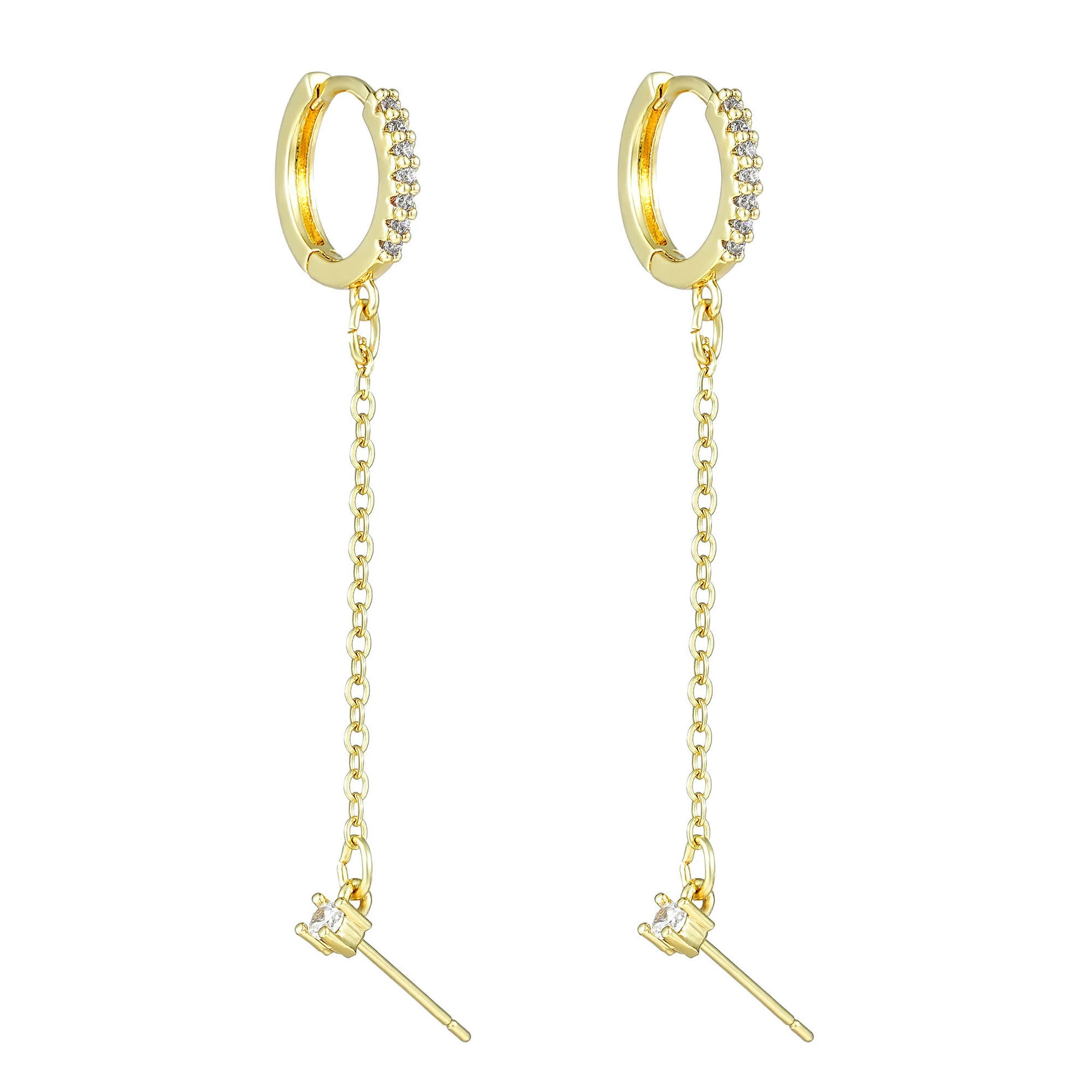 INS2331-925 Sterling Silver Gold Plated Four Zircons Flower Stud Chain Earrings | Double Piercing Dangle Chain Huggie Hoop Earrings | Four Zirconia Stud Earrings Jewelry Gifts for Women