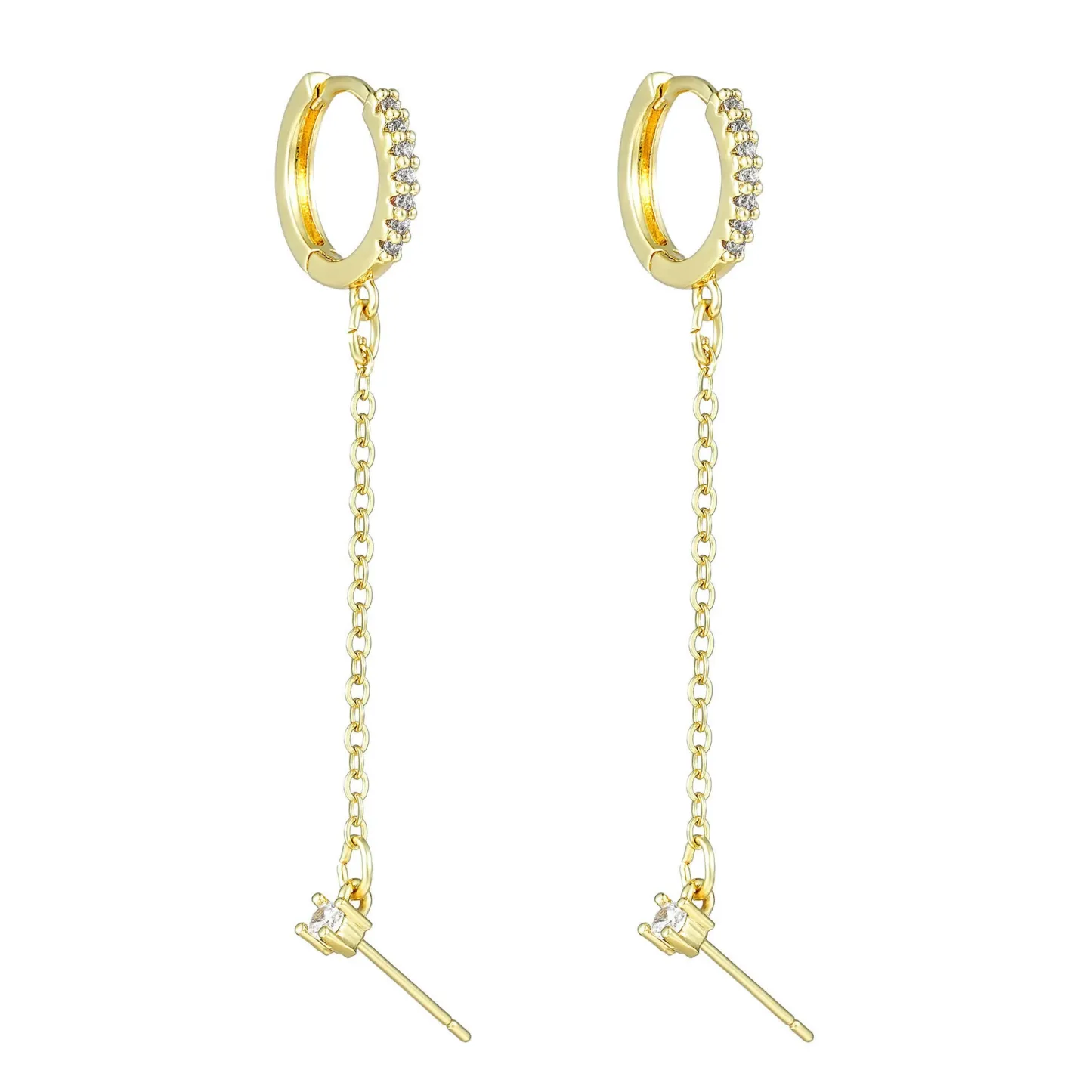 INS2331-925 Sterling Silver Gold Plated Four Zircons Flower Stud Chain Earrings | Double Piercing Dangle Chain Huggie Hoop Earrings | Four Zirconia Stud Earrings Jewelry Gifts for Women