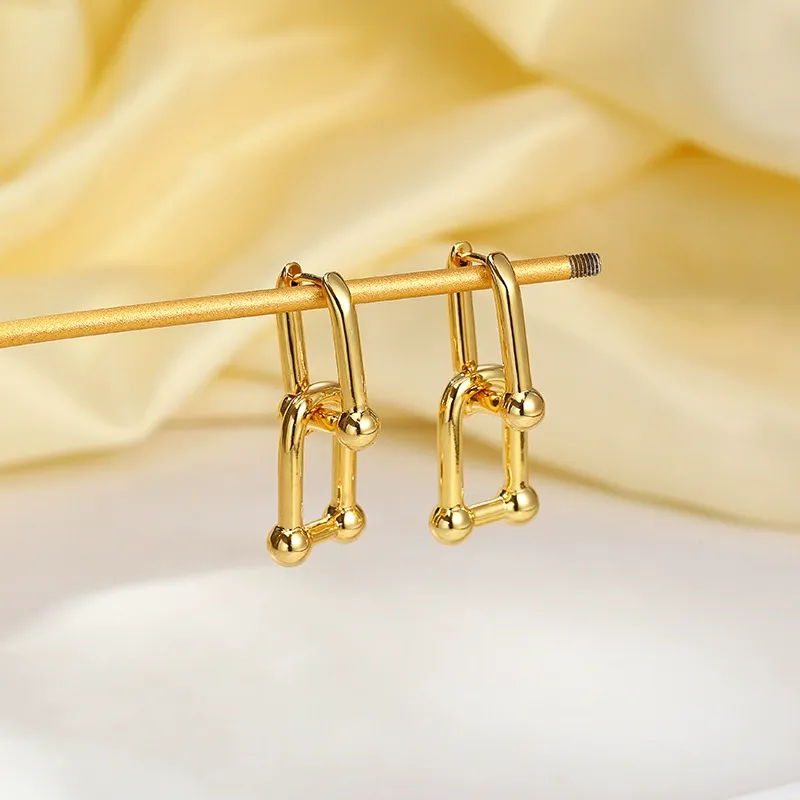 INS2054-SLOONG 3 Pairs 14k Gold Plated Ball U Shape Pin Y2K Style Chunky Earring Link Chain Chunky Circle Hoop Earrings Paperclip Link Chain Jewelry Drop Dangle Earrings set for women