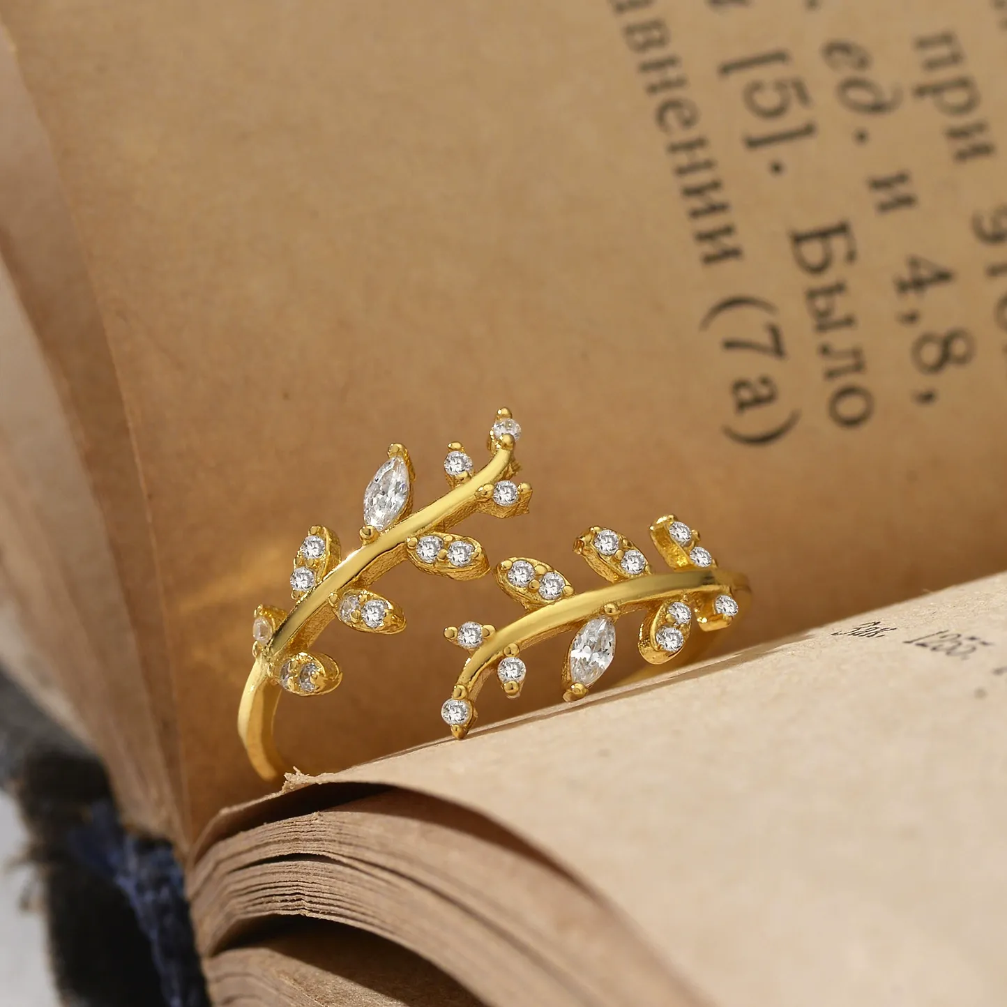 INS1082-Adjustable S925 Sterling Silver Ring for Women,Branch Leaves Band Stacking Finger Ring,Paved Cubic Zirconia Stone Stackable Open Ring