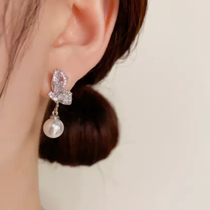 INS2187-Bohemian Crystal Butterfly Dangle Earrings White Round Pearl Drop Earrings Cz Butterfly Stud Earrings Rhinestone Butterfly Pearl Earrings Jewelry for Women Gifts(Blue)