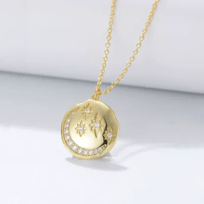 INS3159-NOUMANDA Star and Moon Mini Disk Necklace Crystal Crescent Pendant Necklace Rose Gold Silver Simple Fashion Jewelry Gift for Women
