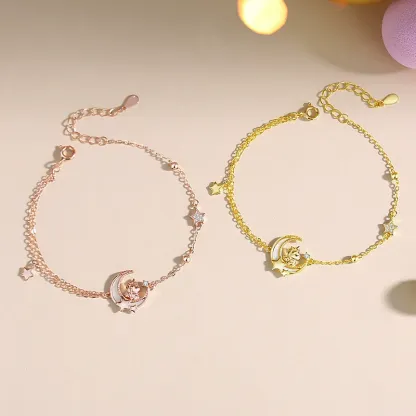 INS4082-YDD 14k Solid Gold Star Moon Bracelet for Women - Star & Moon Bracelet Gifts for Birthday & Christmas - 6.5''-8.5''