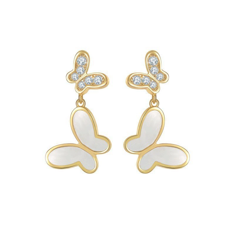 INS2386-S925 Silver Plated White Butterfly Earrings for Women Contain No Nickel Hypoallergenic Fashion Beautiful Birthday Gift Daily Wear