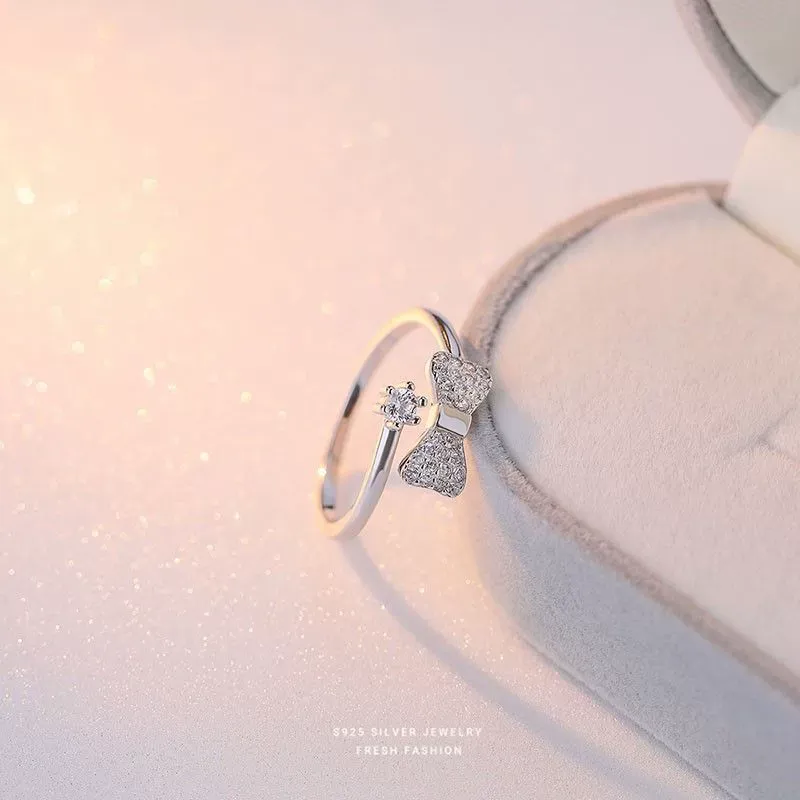 INS1057-Sparkly Rhinestone Bow Knot Statement Ring for Women S925 Sterling Silver Bows Cubic Zirconia Open Engagement Rings Wrap Finger Band Anniversary Fashion Jewelry