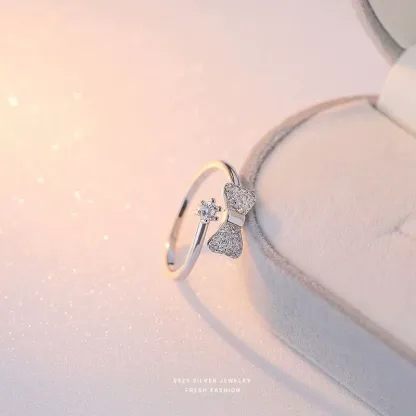 INS1057-Sparkly Rhinestone Bow Knot Statement Ring for Women S925 Sterling Silver Bows Cubic Zirconia Open Engagement Rings Wrap Finger Band Anniversary Fashion Jewelry