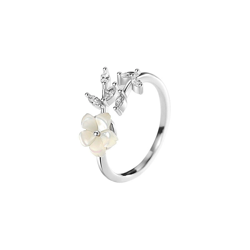 INS1168-Dainty CZ Flower Leaf Open Adjustable Rings for Women Silver Plated Hypoallergenic Cubic Zirconia Crystal Floral Leaves Wrap Finger Band Ring Wedding Promise Love Statement Unique Jewelry for Her