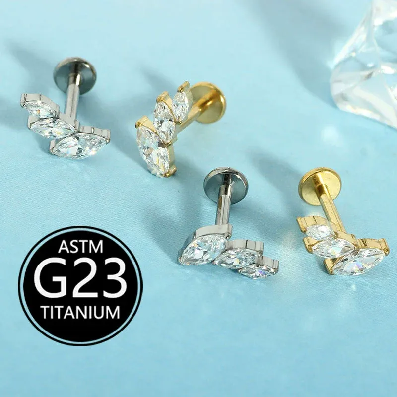INS2046-Pierced Owl 16GA F136 Implant Grade Titanium Internally Threaded Crystal Double Marquise and Round CZ Top Labret Stud