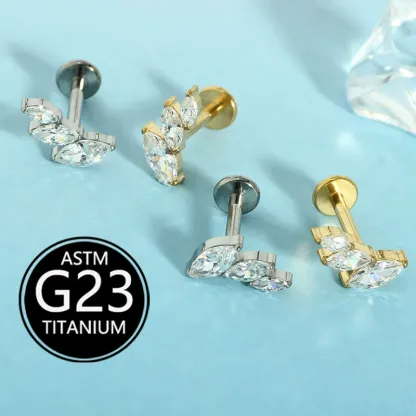INS2046-Pierced Owl 16GA F136 Implant Grade Titanium Internally Threaded Crystal Double Marquise and Round CZ Top Labret Stud