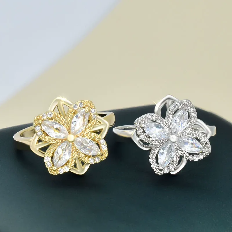 INS1021-Ornaland Fidget Spinner Rings Adjustable Open Four Leaf Clover Ring Gold Cubic Zirconia Ring, Rotatable Cuff Pinwheel Ring for Women, 17.3mm