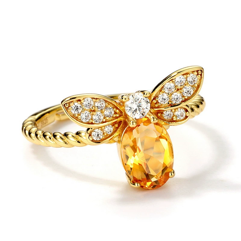 INS1227-Kokoma Cute Bee Ring for Women Cubic Zirconia Honeybee Open Statement Rings Engagement Eternity Promise Ring Adjustable Band 14K Gold Plated