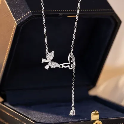 INS3046-Silver Camellia Flower Necklace Y Chain Wedding Party Full Zircon Elegant Rose, Star, Butterfly Pendant for Women Gift