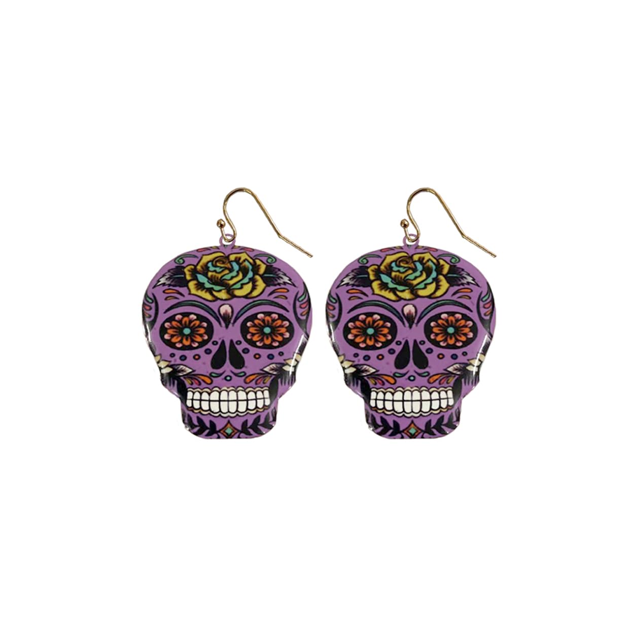 INS2085-Day of the Dead Skeleton Skull Drop Dangle Earrings for Women – El Dia De Los Muertos – Halloween Jewelry - Festival - Punk Jewelry – Beautiful Intricate Colorful Design – Gold Plated – with Gift Box Included