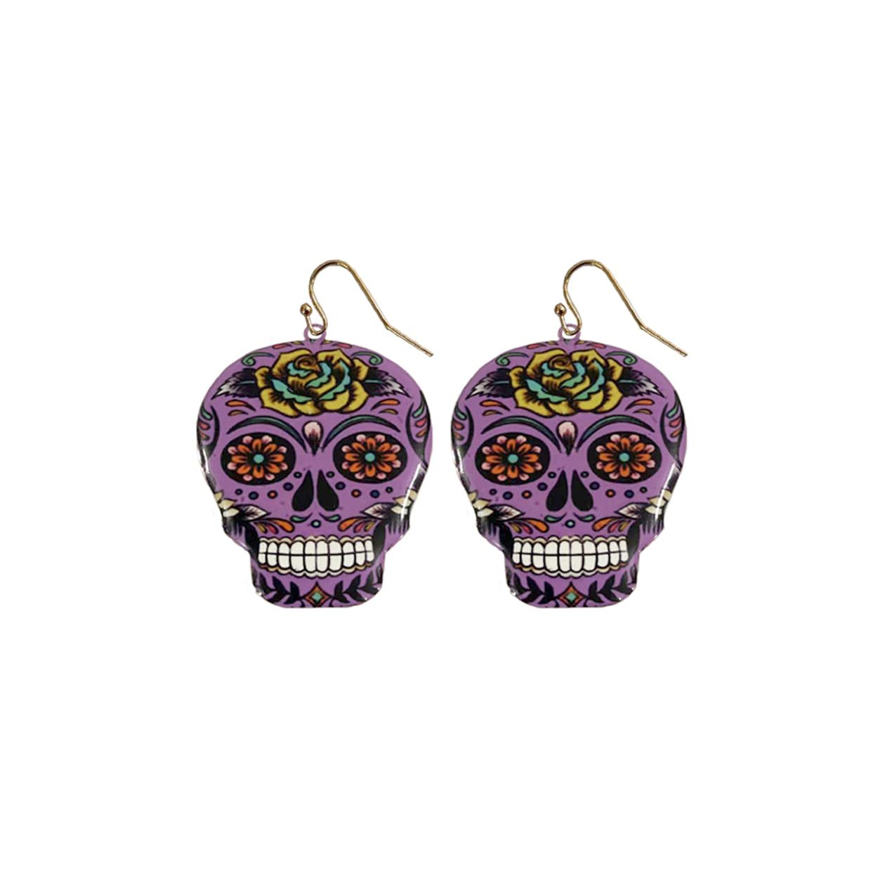 INS2085-Day of the Dead Skeleton Skull Drop Dangle Earrings for Women – El Dia De Los Muertos – Halloween Jewelry - Festival - Punk Jewelry – Beautiful Intricate Colorful Design – Gold Plated – with Gift Box Included