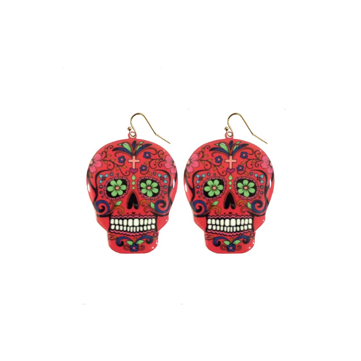 INS2085-Day of the Dead Skeleton Skull Drop Dangle Earrings for Women – El Dia De Los Muertos – Halloween Jewelry - Festival - Punk Jewelry – Beautiful Intricate Colorful Design – Gold Plated – with Gift Box Included