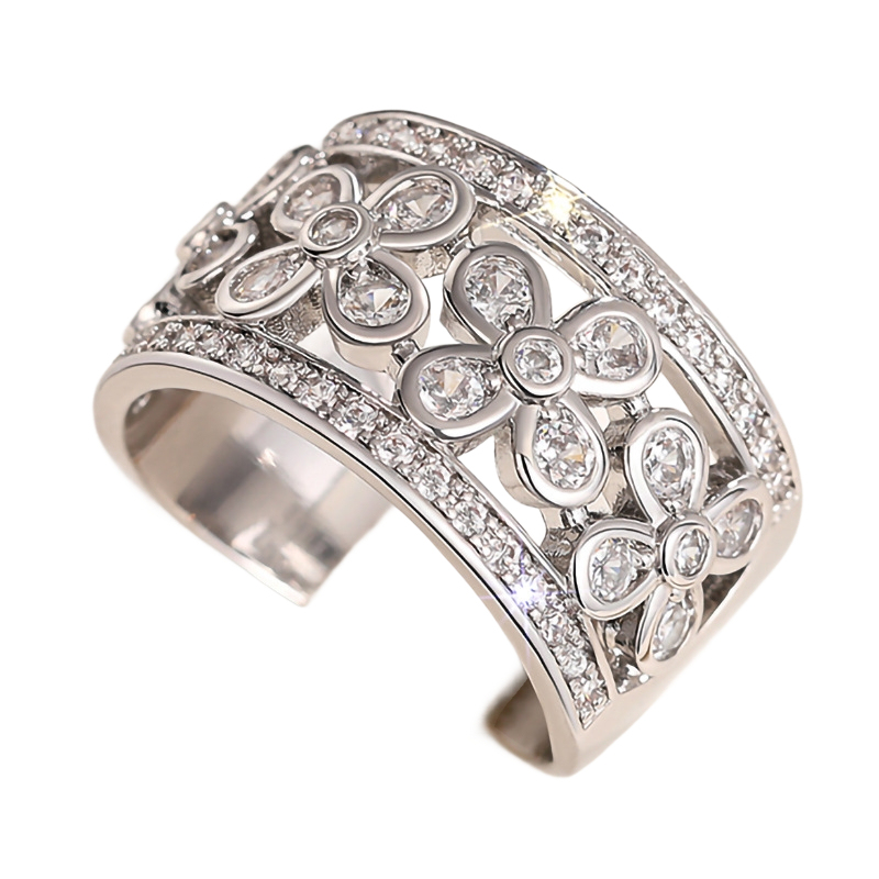 INS1236-Cubic Zirconia Rings For Women, Silver Flower Ring Trendy Delicate Copper Non Tarnish Stackable Birthday Jewelry Love Gift Engagement