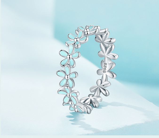 INS1017-MUNDELL 925 Sterling Silver Dainty Daisy Rings Blue Flower Finger Rings for Women Stacking Promise Rings Fine Jewelry