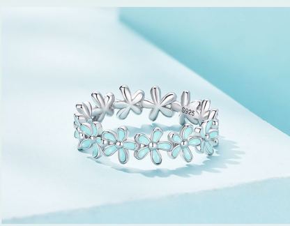INS1017-MUNDELL 925 Sterling Silver Dainty Daisy Rings Blue Flower Finger Rings for Women Stacking Promise Rings Fine Jewelry