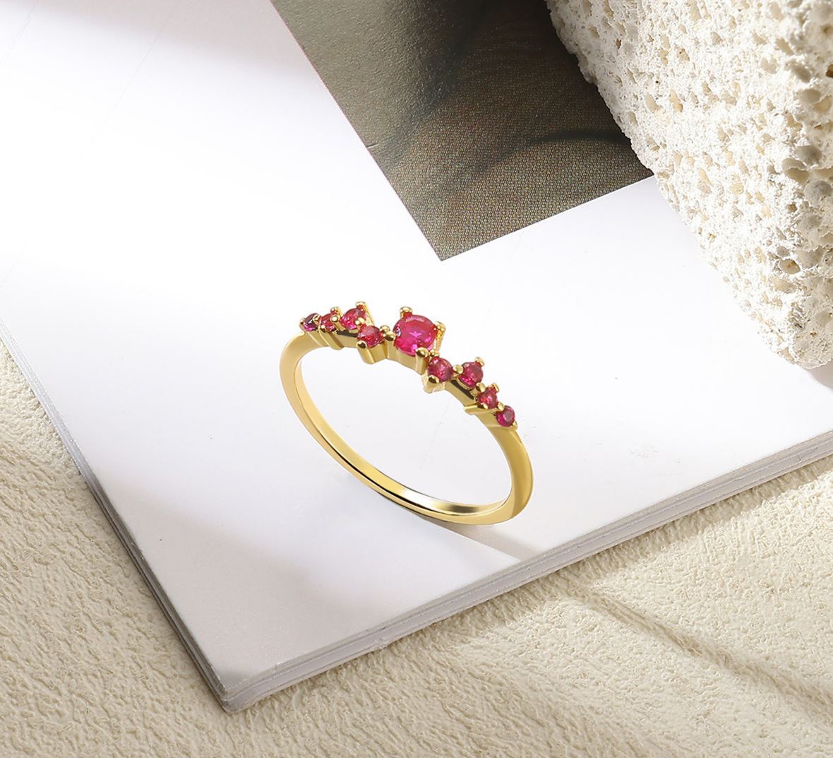 INS1071-BLOSSOM & HUE 18K Gold Plated Sterling Silver Cluster Ring | Multi Simulated Diamond | Milgrain Marquise and Round CZ Wedding Ring | Delicate Eternity Stackable Band