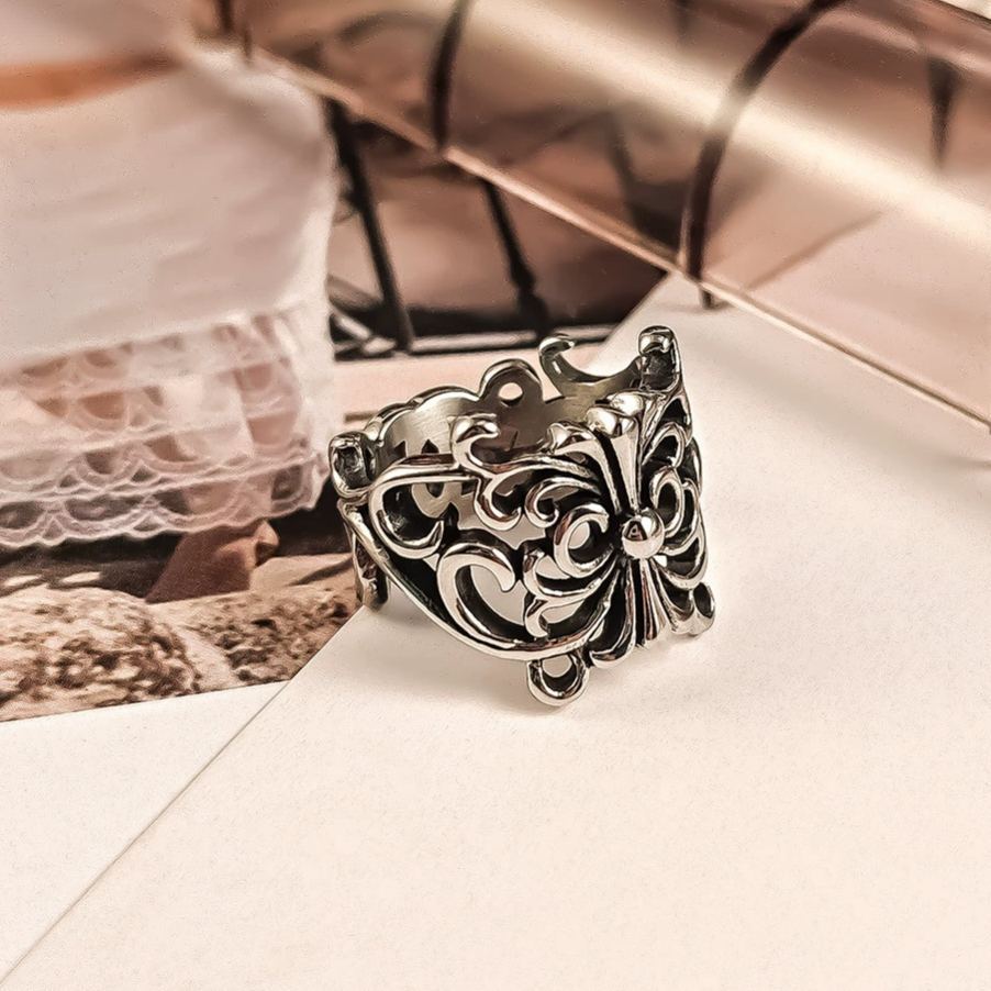 INS1205-925 Sterling Silver Vintage Wide Band Rings,Cross Ring Biker Adjustable Ring for Men and Women