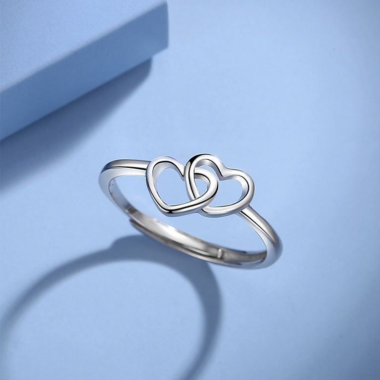 INS1220-LeCalla 925 Sterling Silver Open Love Heart Knot Stackable Rings | Interlocking Double Heart Ring for Women Gift for Her (Ring Size - 7 No.)