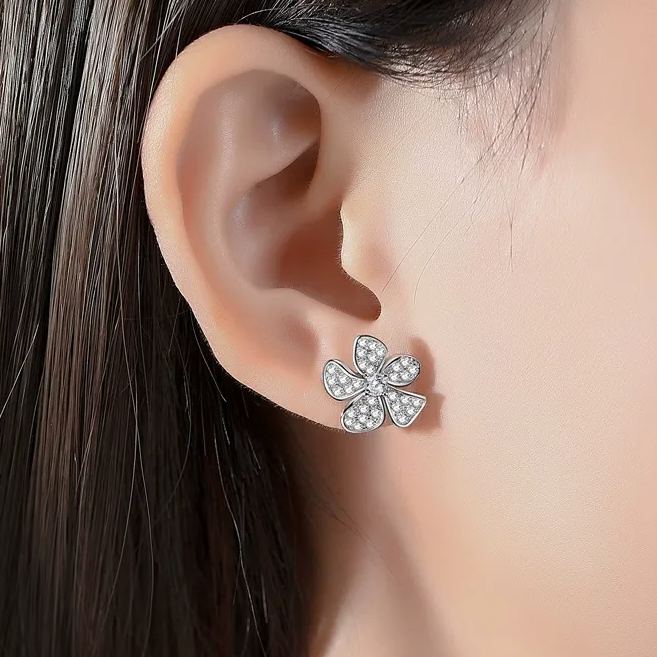 INS2009-Solid 18K Gold 1.0CT Diamond Flower Earrings, Blossom Flower Petals Ear Studs, Bridal Jewelry, Wedding, Valentine, Anniversary Gift For Her, 3 Gold Colors Available, Wholesale Available
