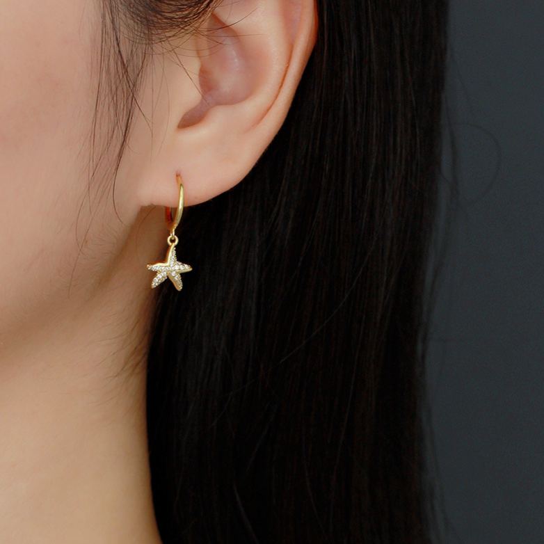 INS2084-Dainty Starfish Hoop Earrings for Women 925 Sterling Silver Cubic Zirconia Small Star Dangle Drop Huggie Hoops Cartilage Hypoallergenic Cute Ocean Beach Holiday Party Jewelry Gifts