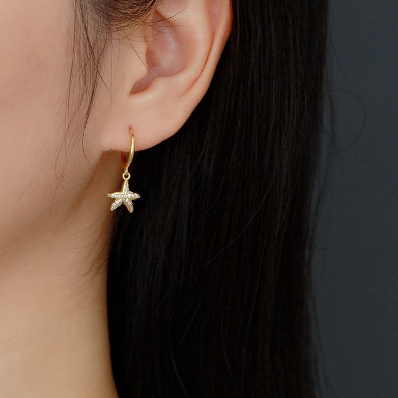 INS2084-Dainty Starfish Hoop Earrings for Women 925 Sterling Silver Cubic Zirconia Small Star Dangle Drop Huggie Hoops Cartilage Hypoallergenic Cute Ocean Beach Holiday Party Jewelry Gifts