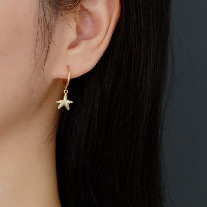INS2084-Dainty Starfish Hoop Earrings for Women 925 Sterling Silver Cubic Zirconia Small Star Dangle Drop Huggie Hoops Cartilage Hypoallergenic Cute Ocean Beach Holiday Party Jewelry Gifts