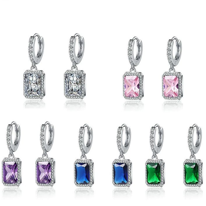 INS2106-Women's Solitaire Dangle Drop Earrings 925 Sterling Silver Pure Square Huggie Earrings Hoop Dangle Drop Earrings Jewelry Gift