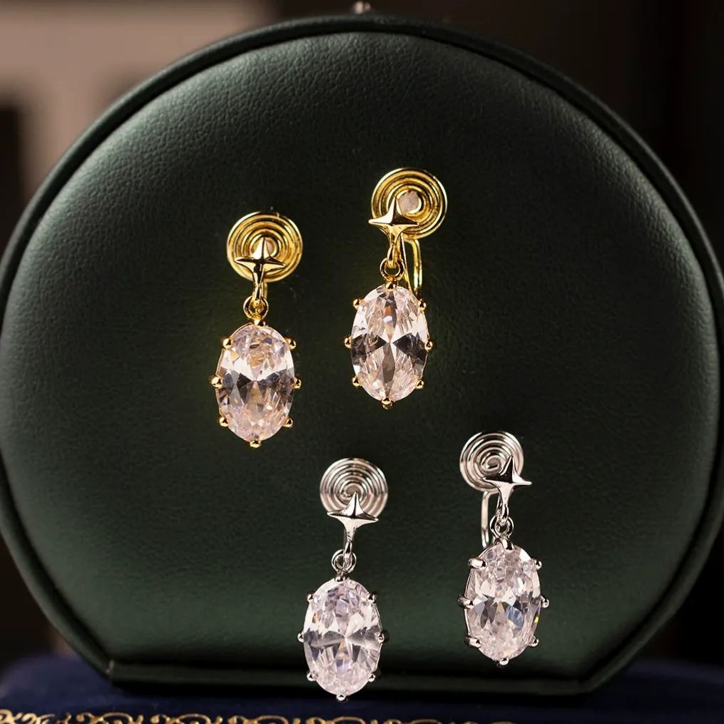 INS2120-Fashionable Women's Zircon Drop Earrings, 925 Sterling Silver Zircon Stud Earrings, AAA Zircon Blue Sapphire Earrings, Oval Diamond Stud Earrings（White