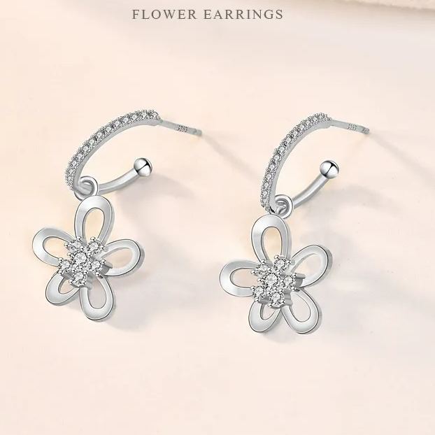 INS2171-Silver Flower Earrings – Elegant Flower Hoop Earrings with Cubic Zircon Details, Dainty Floral Dangle Earrings for Women, Versatile Floral Drop Jewelry for Everyday Wear