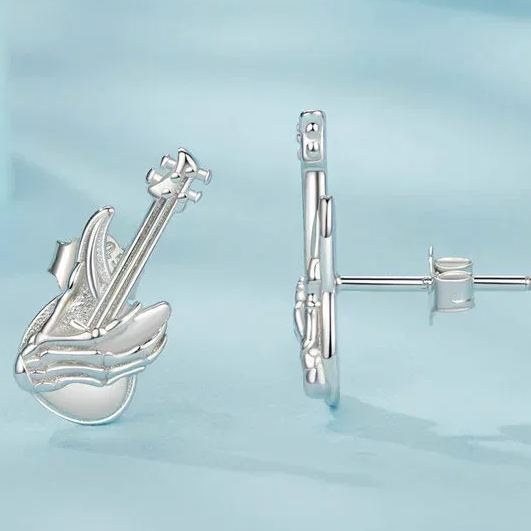 INS2220-Kokoma Skull Hand Guitar Stud Earrings for Women 925 Sterling Silver Small Bass Studs Halloween Earrings Gothic Cool Ear Jewelry for Halloween Holiday Party