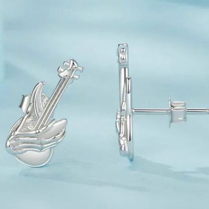 INS2220-Kokoma Skull Hand Guitar Stud Earrings for Women 925 Sterling Silver Small Bass Studs Halloween Earrings Gothic Cool Ear Jewelry for Halloween Holiday Party