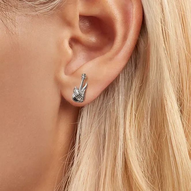 INS2220-Kokoma Skull Hand Guitar Stud Earrings for Women 925 Sterling Silver Small Bass Studs Halloween Earrings Gothic Cool Ear Jewelry for Halloween Holiday Party