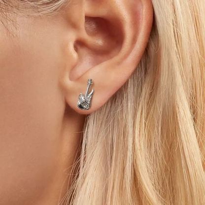 INS2220-Kokoma Skull Hand Guitar Stud Earrings for Women 925 Sterling Silver Small Bass Studs Halloween Earrings Gothic Cool Ear Jewelry for Halloween Holiday Party