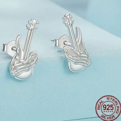 INS2220-Kokoma Skull Hand Guitar Stud Earrings for Women 925 Sterling Silver Small Bass Studs Halloween Earrings Gothic Cool Ear Jewelry for Halloween Holiday Party