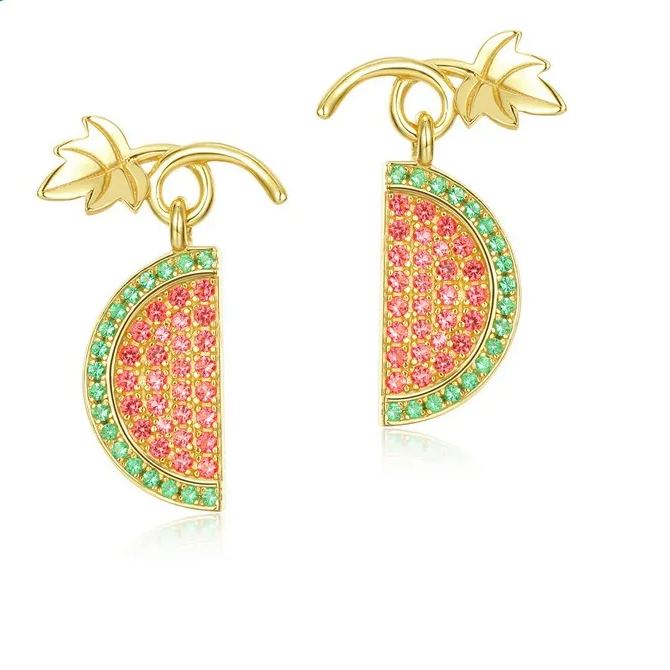 INS2342-Colorful Strawberry Watermelon Banana Grape Fruit Earrings Gold Plated Funny Charm Enamel Summer Tropical Fruits Sweet Food Small Huggie Hoop Earrings for Women Beach Holiday Trendy Jewelry Gifts