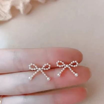 INS2419-Pearl Earrings for Women Gold Bow Knot Stud Earrings Cute pearl bow Drop Dangle Earrings Fashion Jewelry Gifts for Women