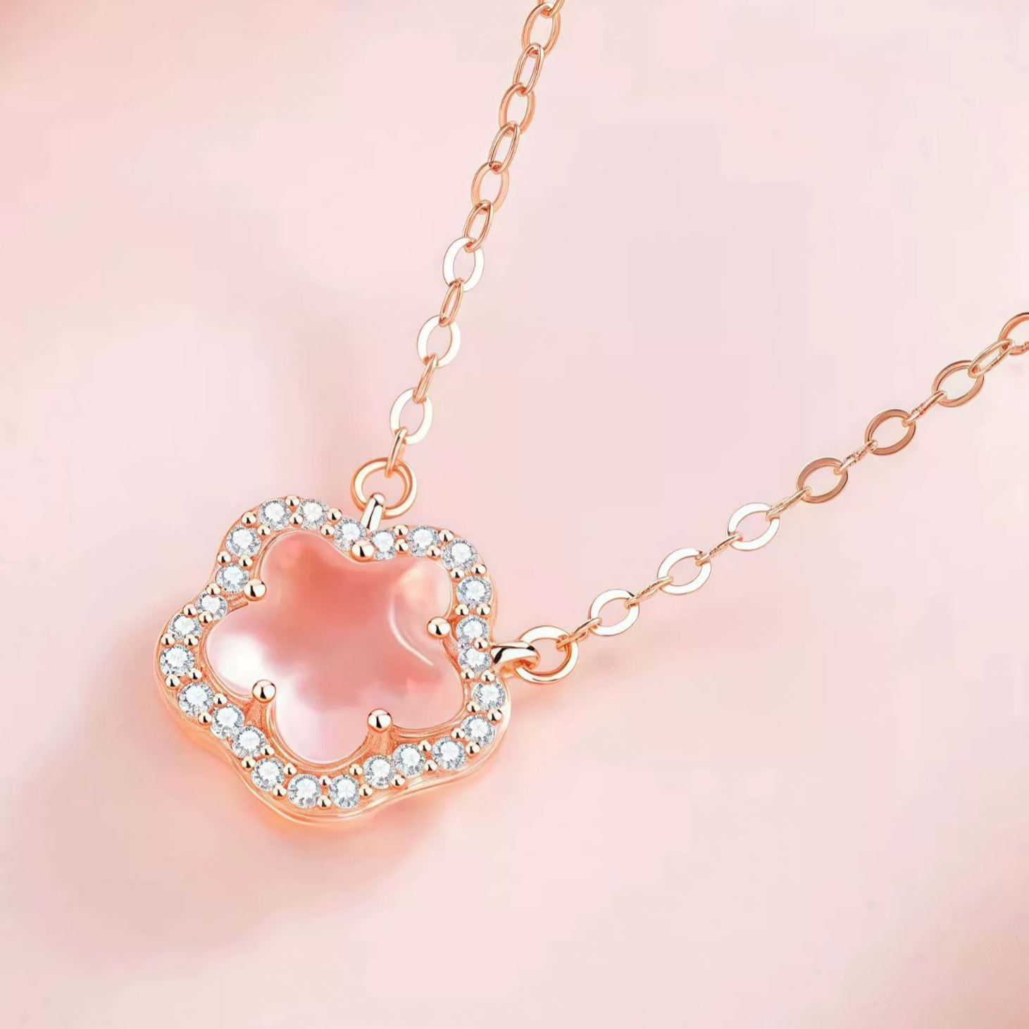 INS3003-Dainty Pink Cherry Blossom CZ Flower Choker Necklace for Women Cute Rose Gold Plated Rose Quartz Floral Charm Pendant Trendy Adjustable Chain Necklaces Fashion Jewelry 17"