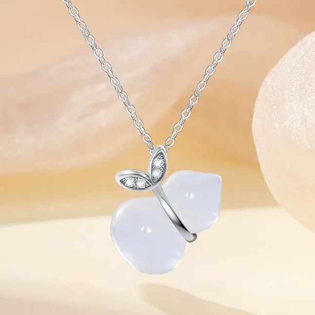 INS3030-Gourd Silver Necklace Cultural Blessings White Chalcedony Wulu Pendant Necklace Feng Shui Charm Jewelry Gift for Women Lover Anniversary