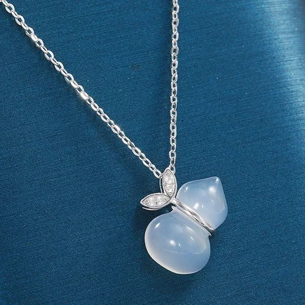INS3030-Gourd Silver Necklace Cultural Blessings White Chalcedony Wulu Pendant Necklace Feng Shui Charm Jewelry Gift for Women Lover Anniversary