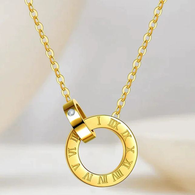 INS3031-Roman Numeral Circle Pendant Necklace, 18K Gold-Plated Chain, Crystal Accent