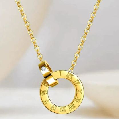 INS3031-Roman Numeral Circle Pendant Necklace, 18K Gold-Plated Chain, Crystal Accent