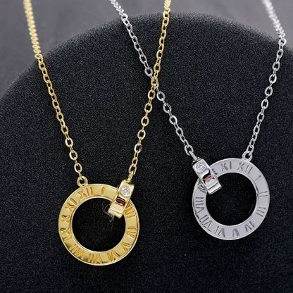 INS3031-Roman Numeral Circle Pendant Necklace, 18K Gold-Plated Chain, Crystal Accent