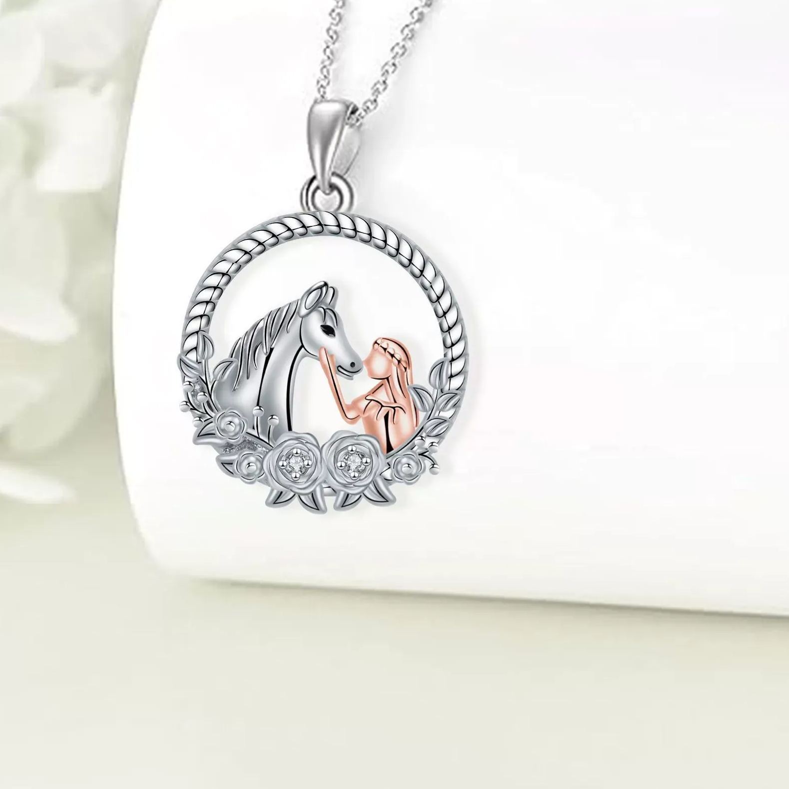 INS3056-AOBOCO Horse Necklace for Women 925 Sterling Silver Angel Wings Dolphin Cat Owl Pendant Necklace Valentines Birthday Animal Jewelry Gifts for Women Horse Lovers