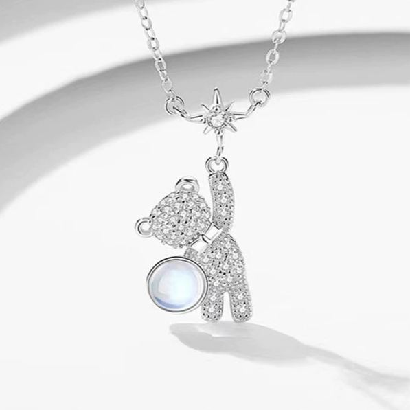 INS3058-PERIMADE Custom Photo Projection Necklace with Picture Inside Personalized Text & Love in 100 Languages Memorial Pendant, Customized CZ Teddy Bear Necklace Birthday Anniversary Jewelry Gift for Women